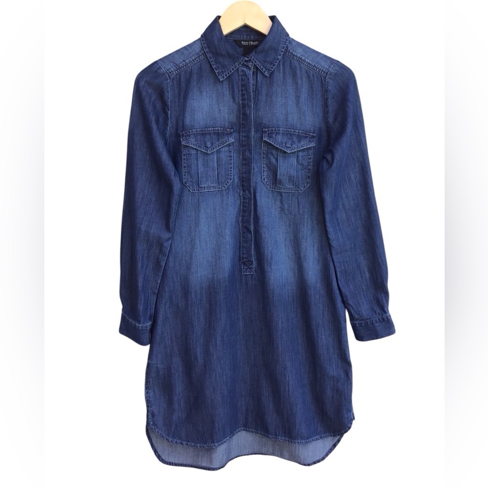 White House Black Market Chambray Long Sleeve Shirt Dress Size 0 NEW